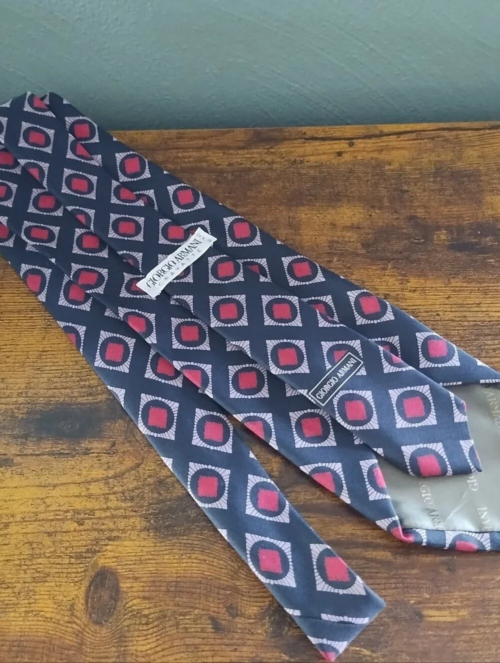 Vintage Giorgio Armani Cravatte Silk Tie Italy Black Red Beige Geometric Luxury